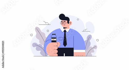 A man in a blue shirt and black tie holds a small bottle with two circles inside