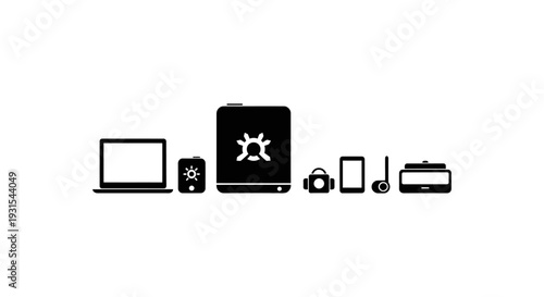 a line of modern electronic devices and smart home gadgets symbolizing digital lifestyle connectivity and internet of things technology.