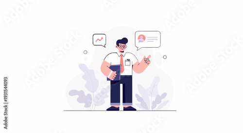 A stylized man in a shirt and tie holds a book, gesturing while concepts of growth and communication appear