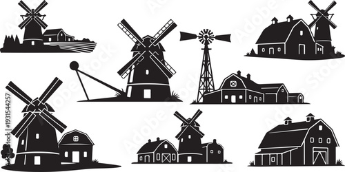 Black and white windmills and farm buildings illustration set