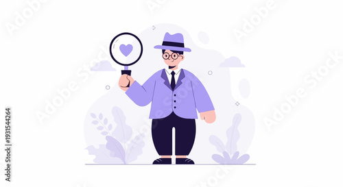 Stylized character in suit and hat with magnifying glass, examining a heart shape
