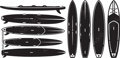 Collection of various surfboard shapes and designs illustration set