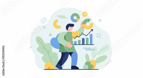 Man analyzing charts and graphs, with abstract shapes and foliage