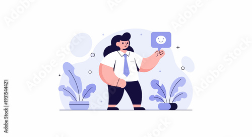 Cheerful individual presents a smiley face icon, symbolizing positive feedback and happiness