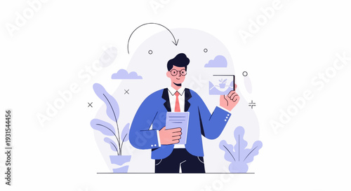 Flat illustration of a man in a suit holding a paper and a small framed picture