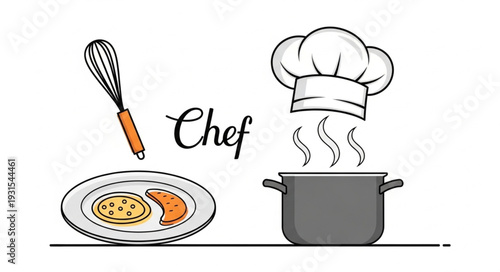 Chef hat and cooking pot with steam and food on plate.