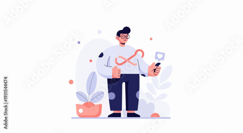 Person with phone, giving thumbs up, with plants and abstract shapes