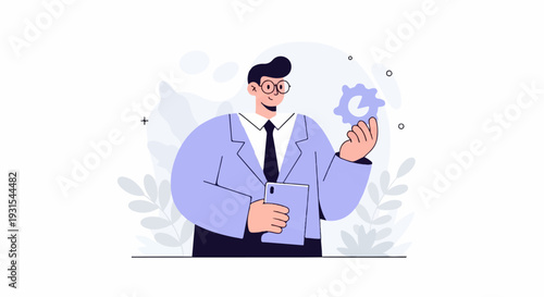 Man in suit holding tablet and cogwheel with abstract background