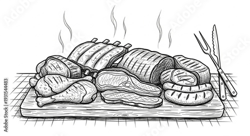 Assortment of Grilled Meats on a Wooden Board.