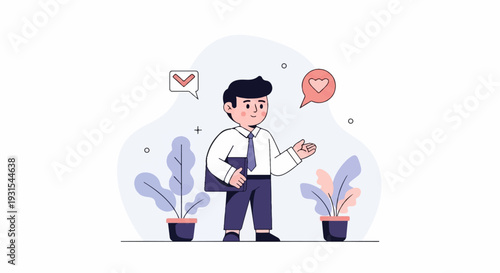 A stylized man in a suit stands with two potted plants, a heart, and a checkmark