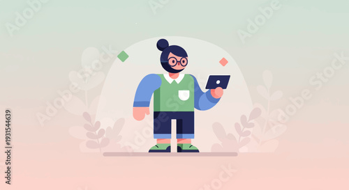 A stylized person in glasses, with a bun, holds a tablet