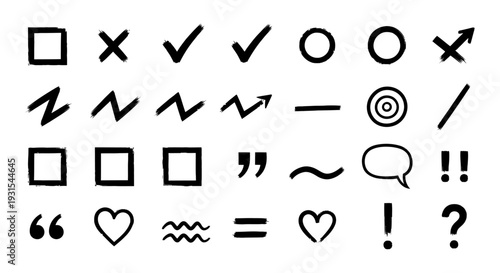hand drawn brush stroke symbols and graphic elements set including check marks arrows and punctuation for ui and infographics.