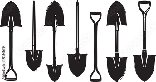 Collection of shovels and spades in black silhouette style