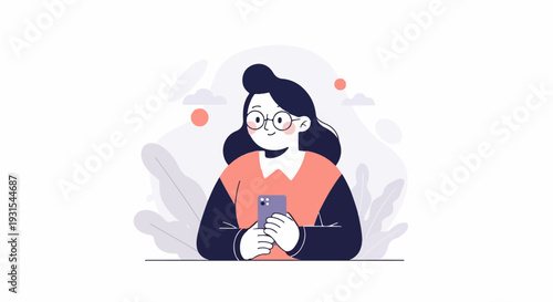 Stylized woman wearing glasses and an orange shirt holds a purple phone
