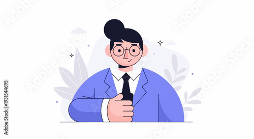 A friendly person with glasses, a suit, and a tie, with abstract leaves behind