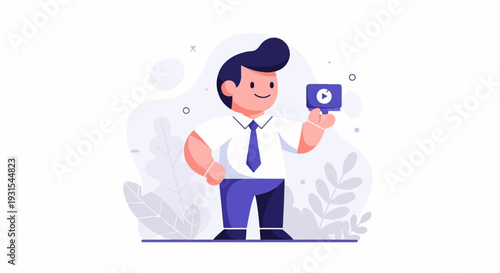 A cartoon businessman in a white shirt and blue tie holds up a small screen displaying a play button