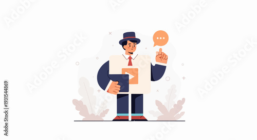 A person in a hat holds a tablet and gestures with a speech bubble, with a play icon
