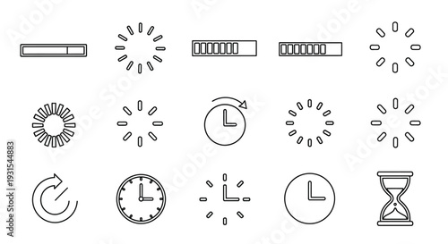 Collection of minimalist time related icons clocks hourglasses and dials