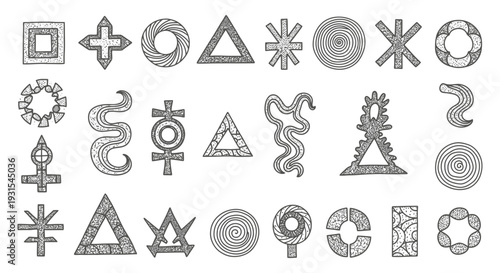 vintage hand-drawn collection of mystical esoteric symbols and geometric shapes in retro engraved style for spiritual design.