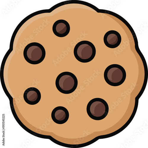Cartoon chocolate chip cookie with brown spots on white background