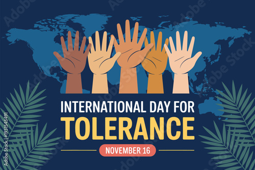 Raised hands of different skin tones on map for International Day for Tolerance