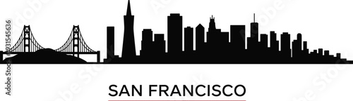 San Francisco skyline silhouette, Golden Gate Bridge, cityscape icon, urban landmark, architectural design, bold text, promotional art, travel destination, vector illustration