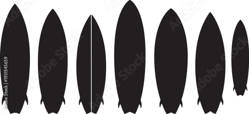 Collection of black surfboard silhouettes on white background