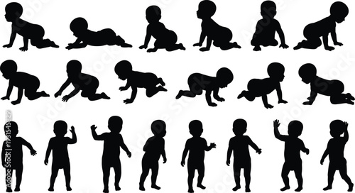 Baby crawling and walking silhouette set vector illustration, infant toddler movement stages collection isolated on white background