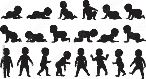 Baby development stages silhouette set vector illustration, crawling sitting standing and walking toddler milestones isolated on white background collection