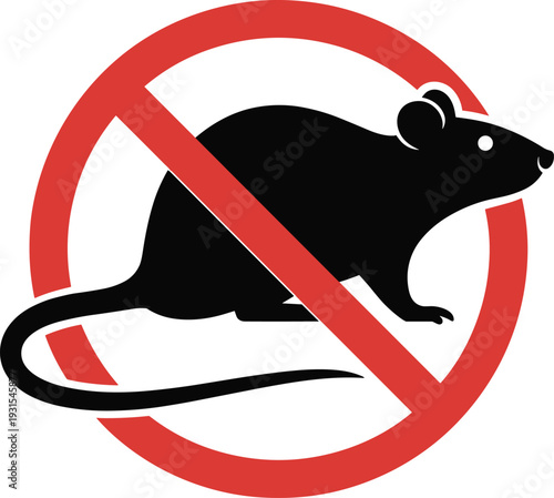 Rat prohibition icon, pest control symbol, rodent silhouette, sanitation vector, no rats clipart, health design, warning graphic, hygiene illustration, safety sign, extermination logo