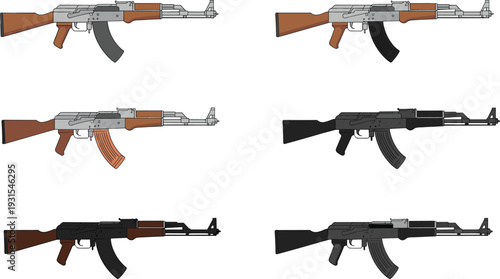 AK style assault rifle collection vector illustration, detailed automatic firearm set with wooden and black variants isolated on white background