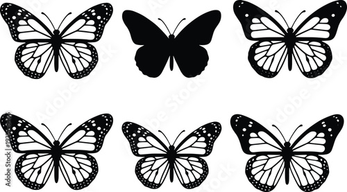 Butterfly silhouette vector set, detailed black insect wings collection with decorative patterns, elegant nature illustration isolated on white background