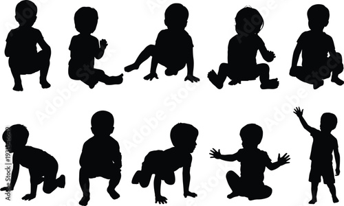 Cute baby and toddler silhouettes collection, sitting crawling standing and waving children isolated black vector illustration set on white background