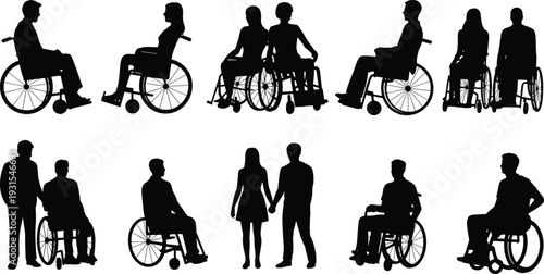 Disabled people in wheelchair silhouettes set, mobility assistance support and inclusive lifestyle isolated black vector illustration collection on white background