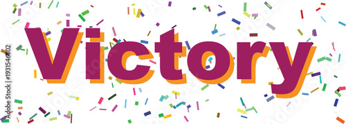 The bold purple word Victory with an orange shadow celebrates a win surrounded by colorful confetti