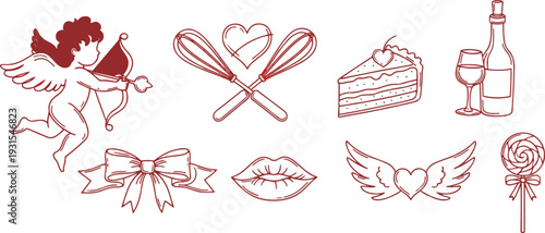 Valentine baking line art vector set with cupid, whisks, hearts and desserts