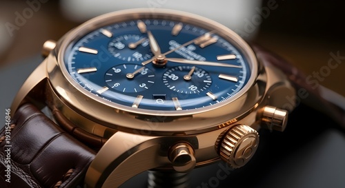 A luxurious Swiss-style chronograph wristwatch featuring a polished rose gold case, detailed blue dial with multiple sub-dials and date display, paired with a textured brown leather strap for refined 