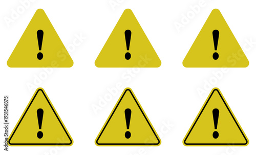set of yellow warning triangle icons with exclamation mark symbol, suitable for alert, caution, hazard, notification, safety sign, error message, and user interface warning graphics