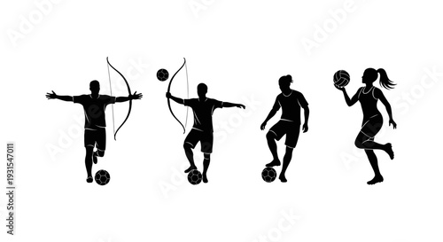 dynamic sports athlete silhouettes male soccer players archer and female volleyball player in action for diverse athletic concepts.