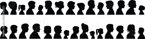 Diverse people profile silhouette collection vector illustration, men women and children side view head avatars isolated on white background