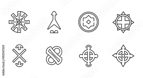 eight diverse abstract line icons representing navigation direction and various symbols for modern graphic design.