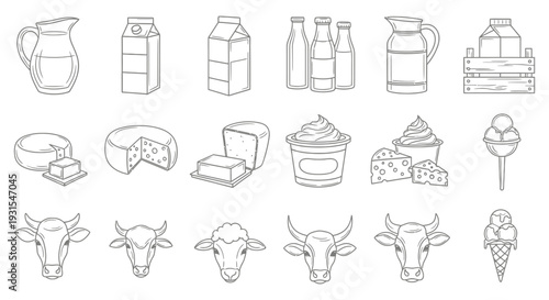 illustrated collection of various outline dairy products and farm animal icons ideal for food and agriculture designs