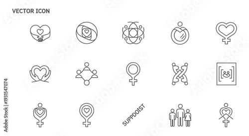 vector icons illustrating various concepts of love support community and female empowerment in a simple line art style.