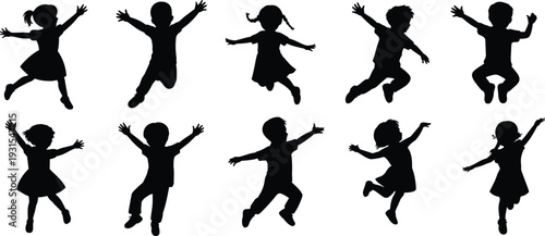 Happy jumping kids silhouettes set, playful children boys and girls jumping in air isolated black vector illustration on white background