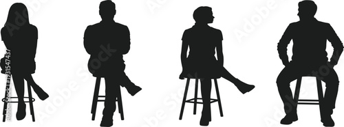 Set of black silhouettes of people sitting on stools, diverse men and women in various poses