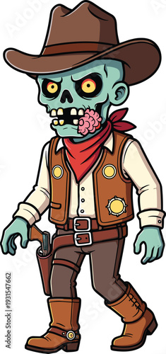 Zombie cowboy cartoon character walking with revolver holster, spooky undead western sheriff illustration isolated on white background for Halloween design and mascot branding