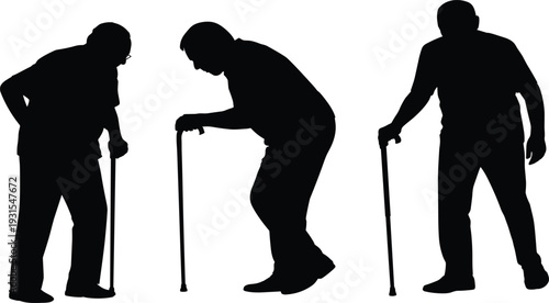Set of black silhouettes of elderly men walking with sticks, senior male figures in various poses
