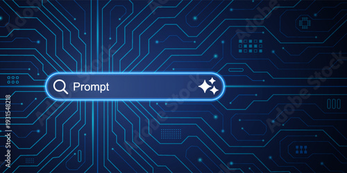 AI generate based on a prompt. Tech artificial intelligence concept. Generative and search bar on futuristic blue circuit motherboard
