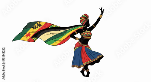 Dynamic African dance illustration, elegant dancer in cultural dress. Stylized African dance figure, flowing cape, tribal patterns, jewelry, embodying rhythm, celebration.