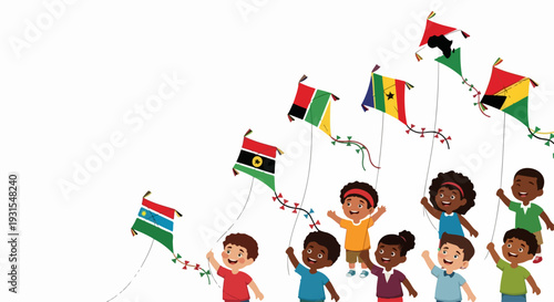 African children flying colorful kites, happy kids celebrating cultural heritage. Diverse African children hold strings of kites with national flags on white. Concept African children for education,